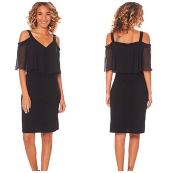 MSK Womens Black Cold Shoulder Chiffon Overlay Flutter Sleeve Dress Size 12 - Picture 2 of 12